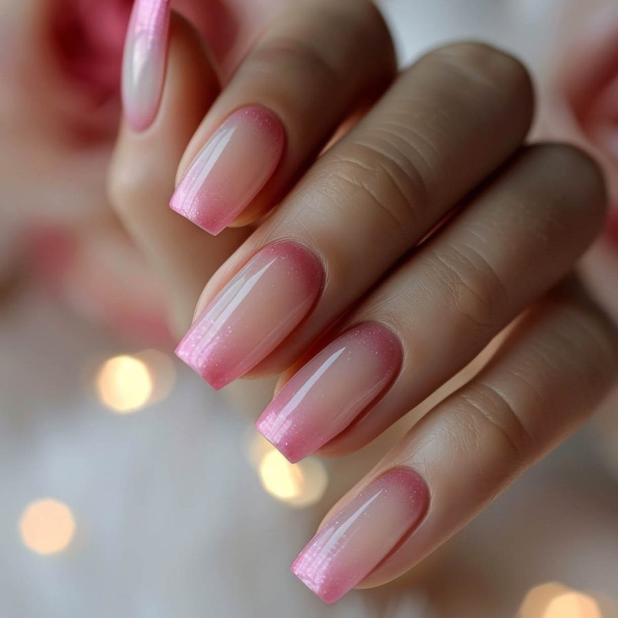 A close-up of a hand with pink ombre nail polish. The nails are neatly manicured and the polish is a light pink color that fades to a darker pink at the tips.